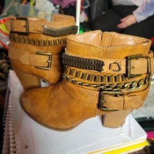 JustFab Tan Heeled Boots with Buckle and Chain Detail